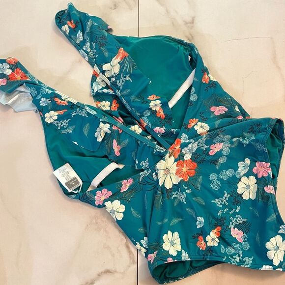 New O’Neill Lucy Teal Floral Print One-Piece Swimsuit - Picture 4 of 7